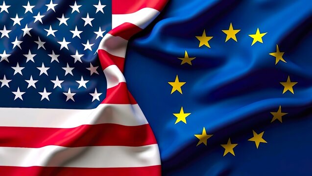 The United States and European Union flags intertwined together.