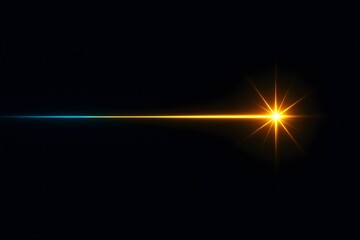 Bright glowing orange starburst with horizontal light beam on dark background showing energy ray and spark effect