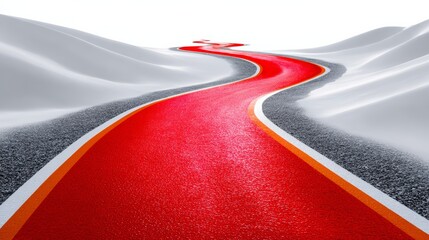 A red road with a white background. The road is curved and has a red stripe. The road is empty and there is no traffic