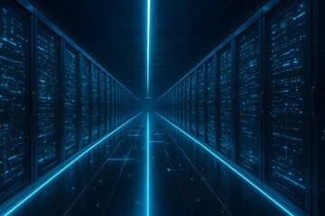 Futuristic glowing server room with data center racks and digital network connections in blue light