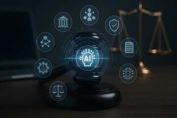 Gavel with ai icon and digital law symbols representing artificial intelligence in justice, regulation, and legal technology