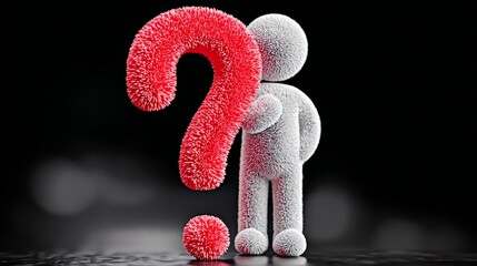 A man with a red question mark on his head stands in front of a black background. Concept of curiosity and uncertainty, as the question mark suggests that the man is pondering or seeking answers