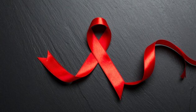 A close-up image features a vibrant red ribbon, elegantly looped into the shape of an inverted "V", symbolising support and awareness, resting on a dark, textured surface