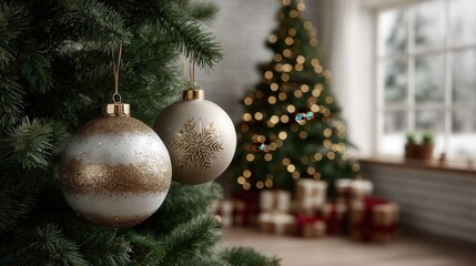 golden Christmas ornaments hanging from a tree