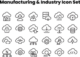 Editable industrial cloud computing icon set — data factory outline