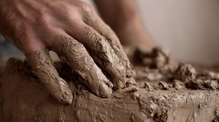 Clay-covered fingers sculpting raw material. Natural textures and earthy tones highlight passion and skill behind ceramic art and handcraft work