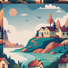 Fototapeta premium Idyllic village scene with houses by a lake and mountains Keywords: village, houses, homes