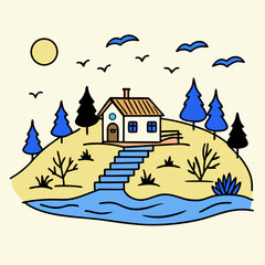 Simple line art house on a hill with river and trees Keywords: house, home, hill, landscape