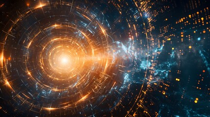 Obraz premium Abstract futuristic technology background with bright orange light at the center of a swirling tunnel