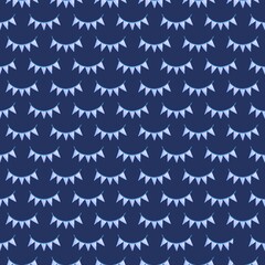 Seamless watercolor pattern with light blue pennant garlands on a dark blue background. Perfect for party invitations, birthday celebration, wrapping, banners, festive decor, holiday design