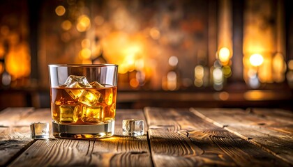 Whiskey glass with ice on rustic wooden table in a dimly lit bar