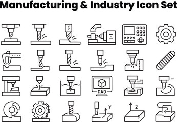 Editable CNC machining icon set — precision engineering outline © Tanbir
