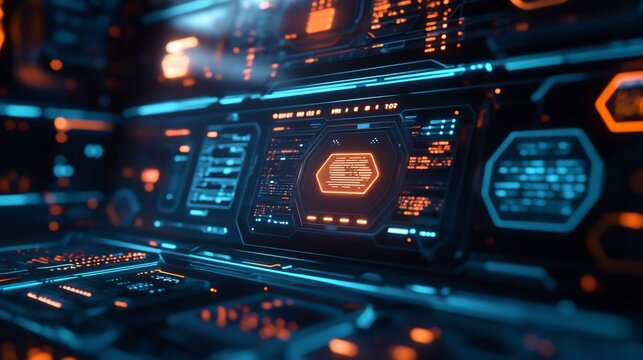 Futuristic control panel with glowing screens and buttons