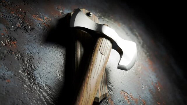 Axe with wooden handle on weathered metal surface with dramatic lighting and shadows, an isolated tool