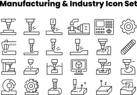 Editable CNC machining icon set &mdash; precision engineering outline
