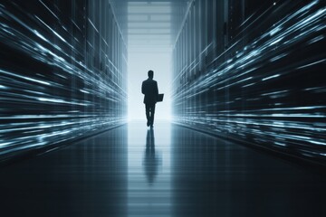 Business professional walking through a high-tech data center corridor