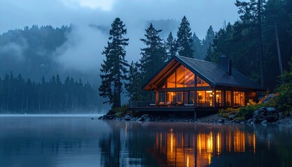 Fototapeta premium Illuminated cabin nestled on the edge of a tranquil lake, reflecting the warm interior lights against the backdrop of a misty forest during the twilight hour, evoking a sense of peace and serene...