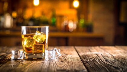 Whiskey glass with ice on a wooden bar top