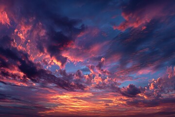 Fototapeta premium Sky painting with vibrant hues at sunset, cotton candy clouds drifting through the bright expanse of Heaven during twilight