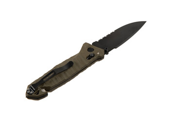 Pocket modern folding knife. Pocket knife with corkscrew and sling cutter. Isolate on a white back