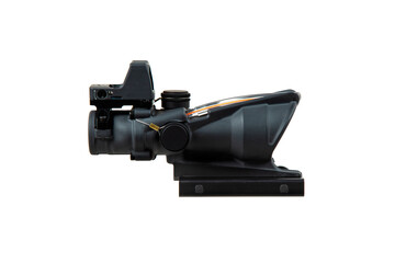 Black ACOG-style rifle scope with a top-mounted red dot sight in profile view.