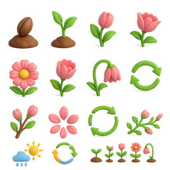Bloom Cycle Icons. Bloom cycles set of icons in 3D color style: seed in soil, sprout emerging, budding flower, half bloom, full flower, wilting stage,