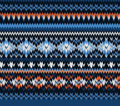 Fototapeta Seamless fairisle sweater knit pattern. Repeating  knitted vector print with a blue, white and orange horizontal zigzag design. Apparel textile pattern.