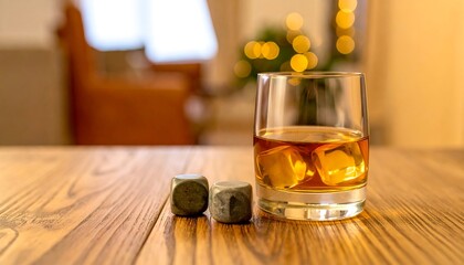 Whiskey rocks glass on a wooden table