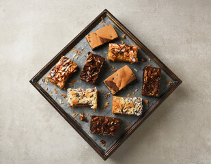 Dessert Bars Still Life. High angle view of am assortment of brownies and coconut bars and cakes.