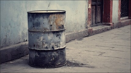 Old Rusty Metal Barrel on Urban Street Sidewalk in Weathered Environment