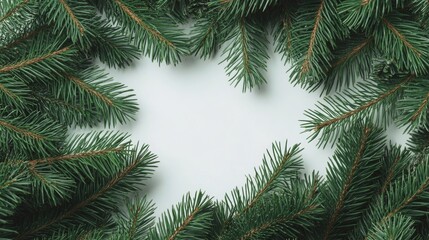 Obraz premium A Christmas tree with green leaves and a white background. The tree is surrounded by a frame of green leaves, creating a festive and warm atmosphere