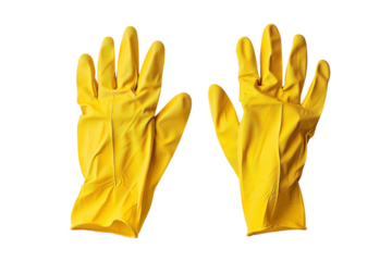 Bright yellow rubber gloves displayed against a clean white background for household cleaning tasks