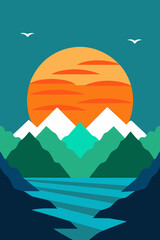 Obraz premium landscape, mountains, sunset, mountain, sky, nature, clouds, view, cloud, sunrise, vector