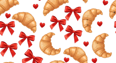 Pattern of Croissants Red Bows and Hearts on Black