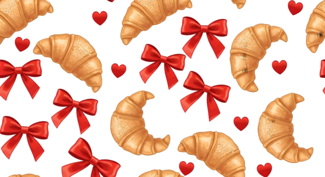 Pattern of Croissants Red Bows and Hearts on Black
