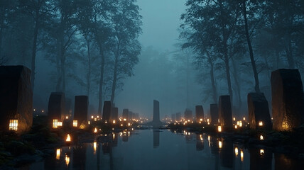 Mystical twilight: Ancient standing stones illuminated along a misty forest stream
