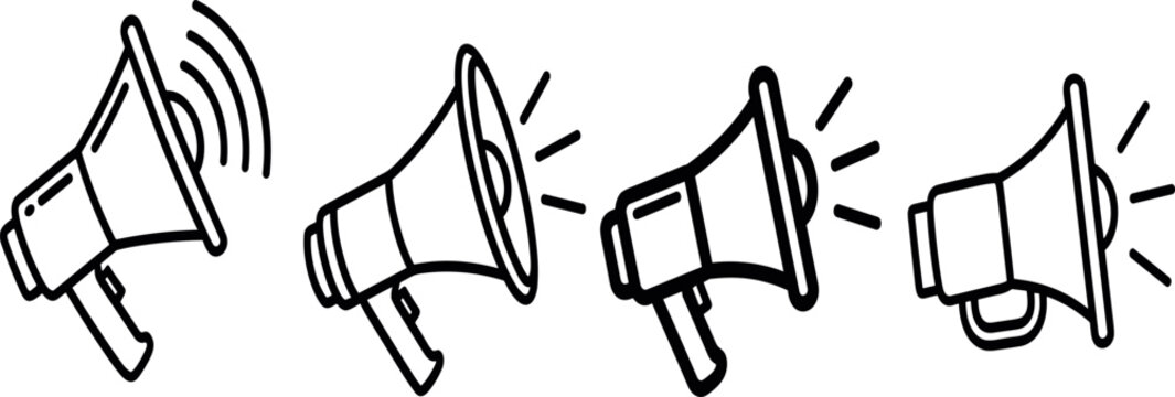 Set of four outline megaphone icons illustrating public announcement, communication, and marketing alerts in a clean, modern vector style for various digital media projects