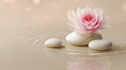 Elegant lotus flower on smooth stones with subtle water ripples