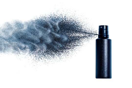 A sleek black spray bottle unleashes a cloud of fine black powder in a minimalist setting