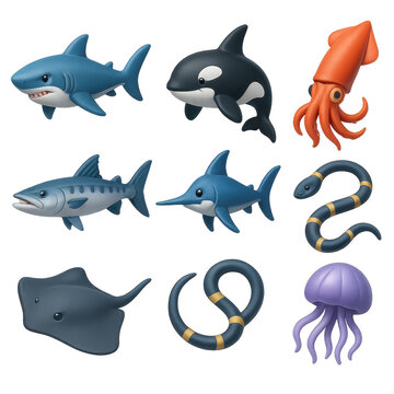 3D Marine Predator Icons. Marine predators set of icons in 3D color style: shark, orca, squid, swordfish, barracuda, stingray, sea snake, jellyfish.