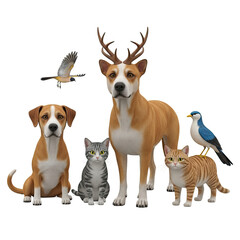 A group of diverse domestic animals including dogs cats and birds in a studio portrait with warm lighting and a blurred brown background creating a