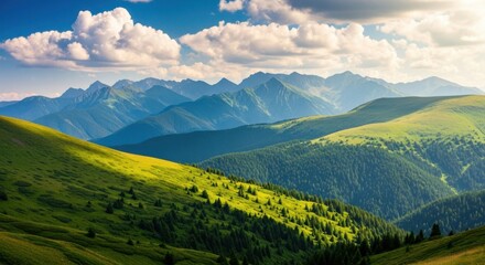 Sunlit green mountain slopes under a dramatic cloudy sky