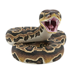 Aggressive Viper Snake Ready to Strike with Mouth Wide Open Revealing Sharp Fangs and Yellow Eyes Against a Transparent Background Detailed Scales