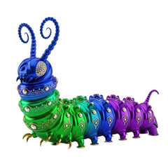 Bejeweled and iridescent caterpillar sculpture with ornate gold detailing and sparkling gemstones in a vibrant rainbow gradient of blue green and