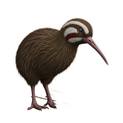 Detailed illustration of a Northern Brown Kiwi bird with distinctive white and red markings on its head standing on its thin legs against a