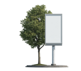 Vertical billboard next to green tree isolated on a transparent background
