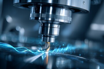 Hologram of a CNC machine tool creating blue waves on the table, dark background.