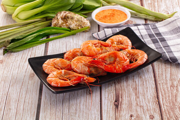 Delicous boiled tiger prawn with sauce