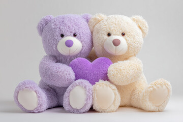 Obraz premium Two adorable pastel lavender and cream teddy bears holding a heart shape