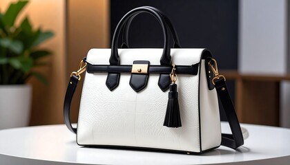 White and black leather handbag on display